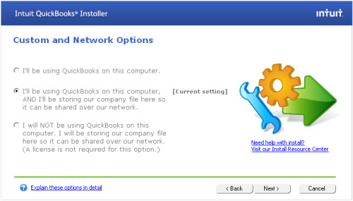 click QuickBooks Custom and Network Options in Intuit QuickBooks Installer window