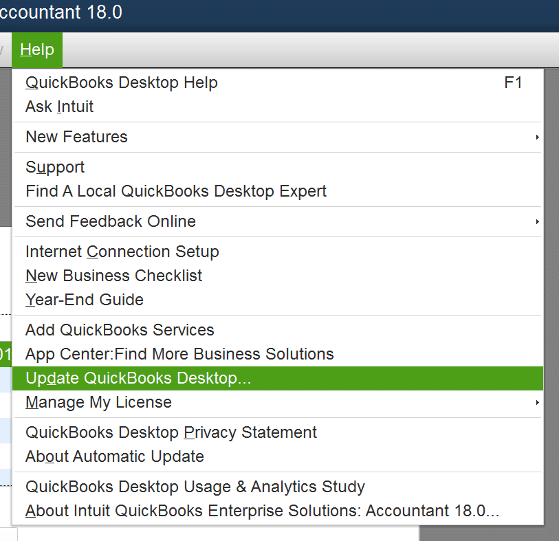 Click on the Help menu and choose Update QuickBooks Desktop