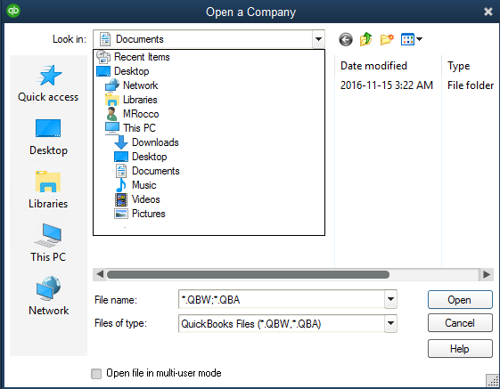Open Company File and then click OK