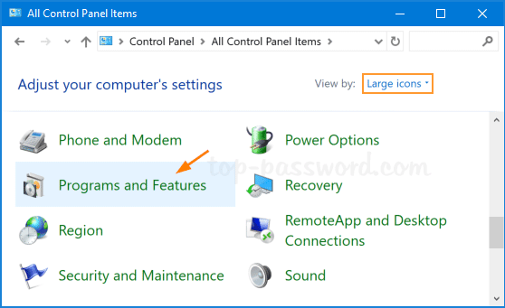 select programs and features in control panel window