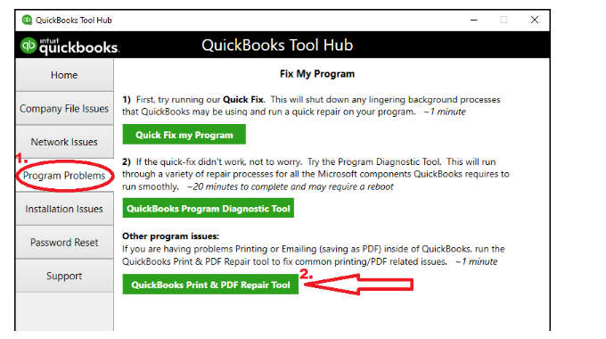 choose the quickbooks print & pdf repair tool from the quickbooks tool hub.