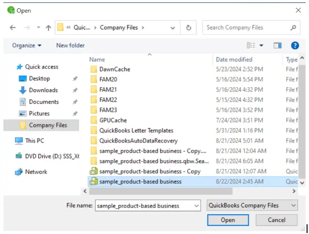choose the company file, and Open it