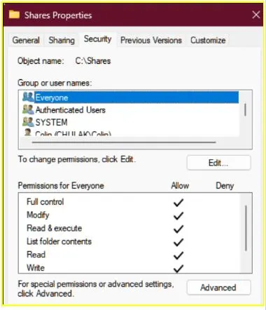 navigate to the Security tab and select Everyone