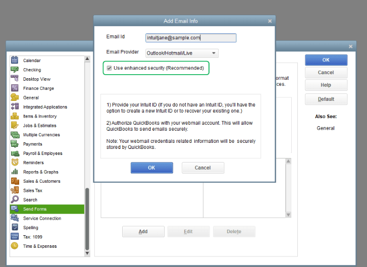 how to change default outlook email address in quickbooks