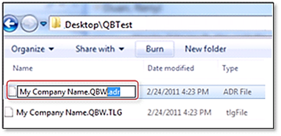 copy the QBW.adr file and paste it into the QBTest folder