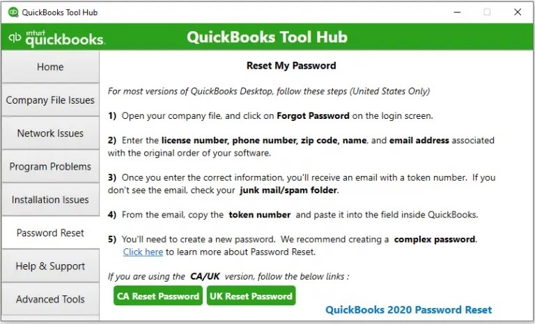 quickbooks password reset tool customer service