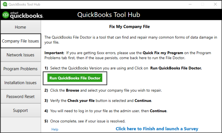 Run QuickBooks File Doctor to fix error Code 6210