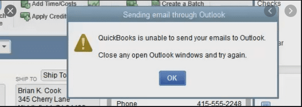 quickbooks outlook email not working error