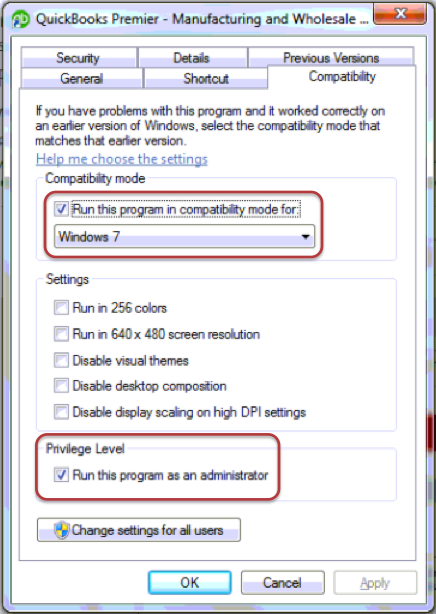 run quickbooks in compatibility mode