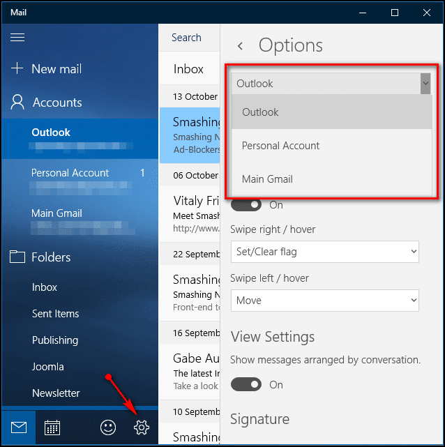 toggle mail settings