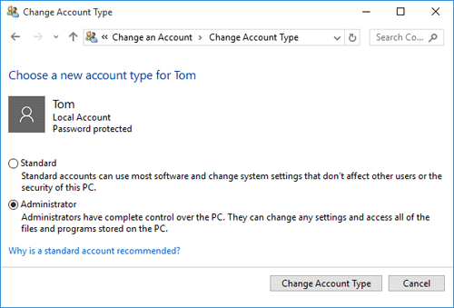 Click Change Account Type and sign in once again on the Windows