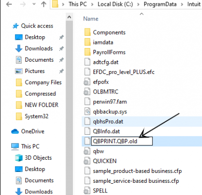right-click the Qbprint.qbp file under Intuit Folder in C drive.