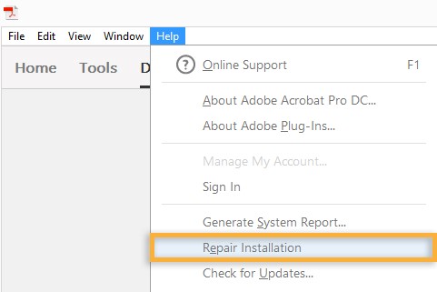 From the Help Menu, open Adobe Acrobat Reader to repair Acrobat Reader.