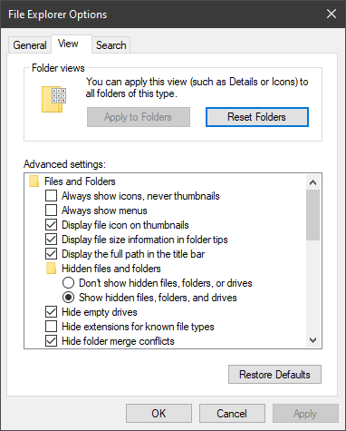Open the View tab and click on Show Hidden Files, Folders, or Drives