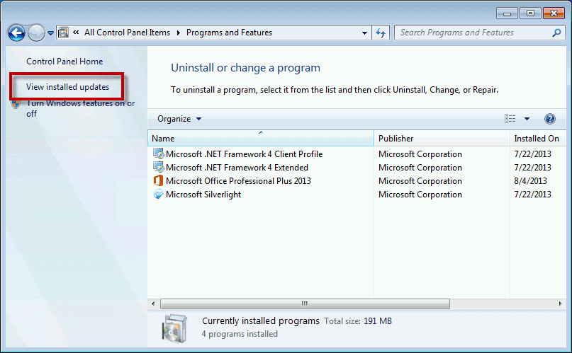 Open View Installed Updates under Programs and Features window.