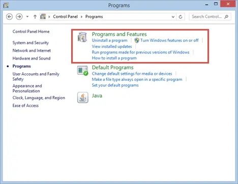 open programs and features tab