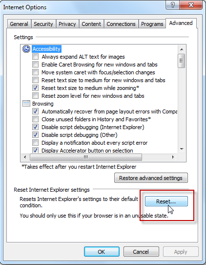 Reset or Restore Internet Setting