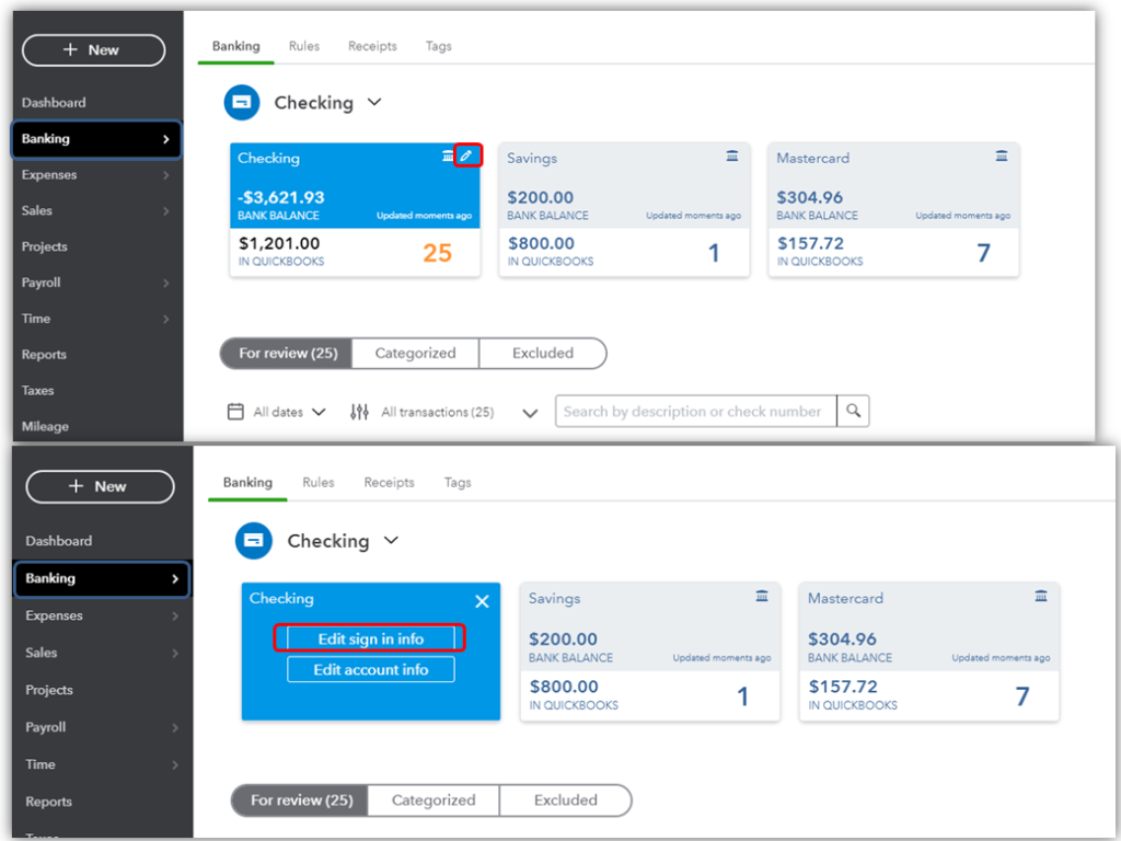 update bank account in quickbooks online