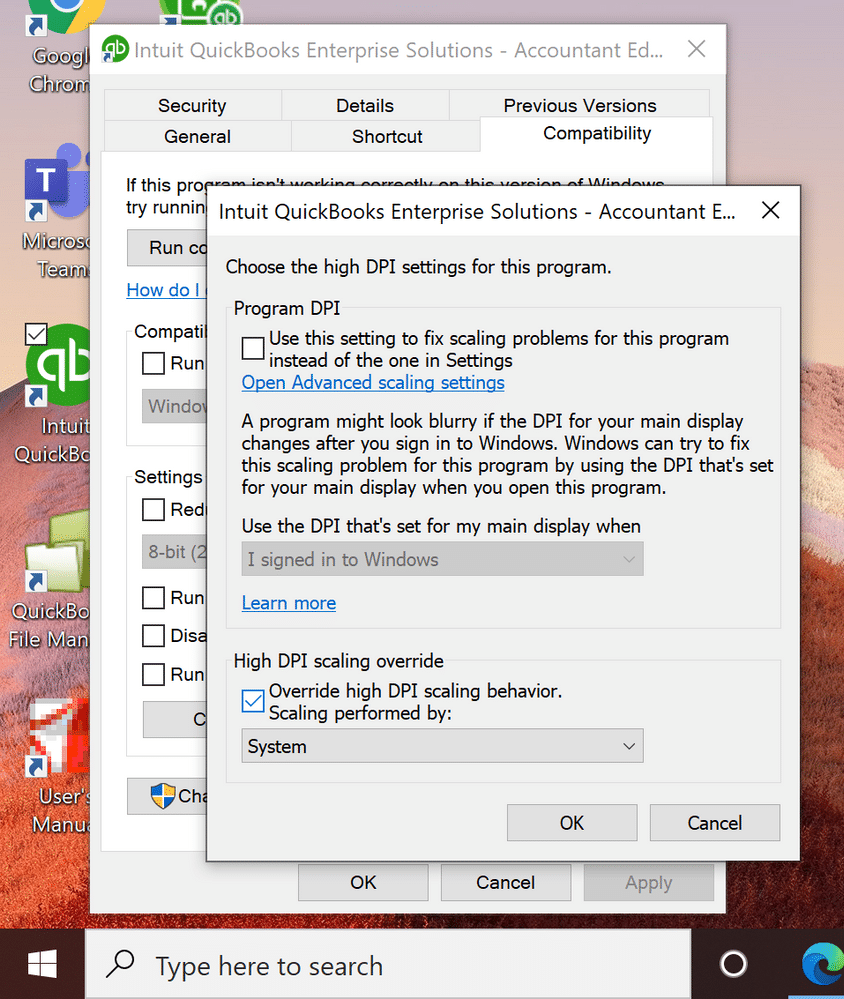 Change Display setting in QuickBooks