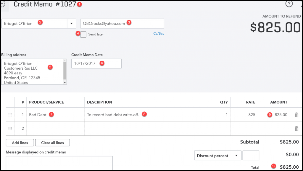 Create a credit memo for the bad debt