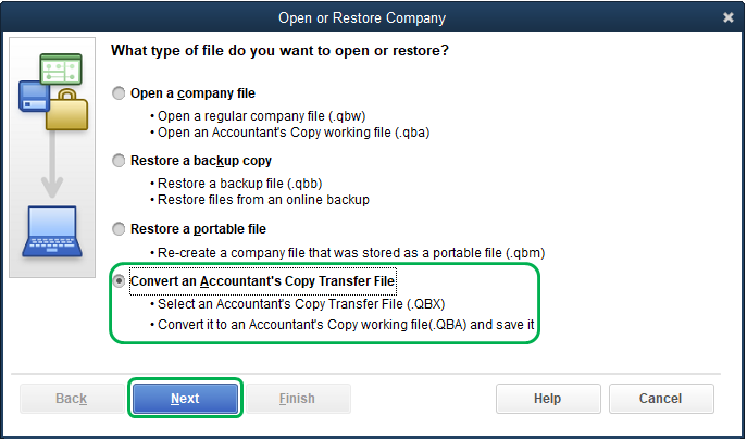 Open an Accountants copy transfer file