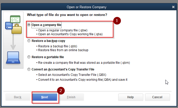  Click on Open a company file in open or restore company window