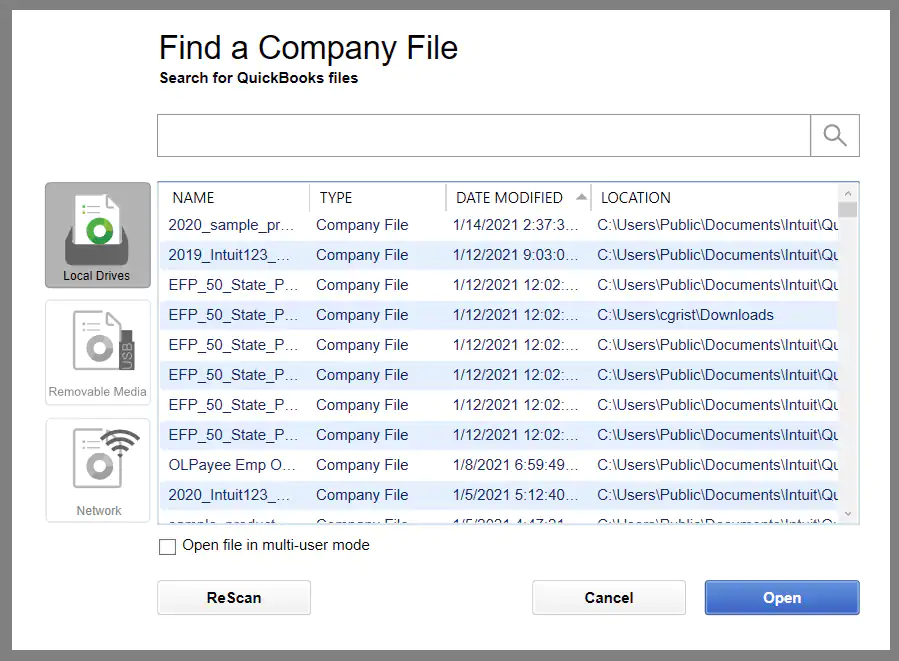 Search for the QuickBooks Company File
