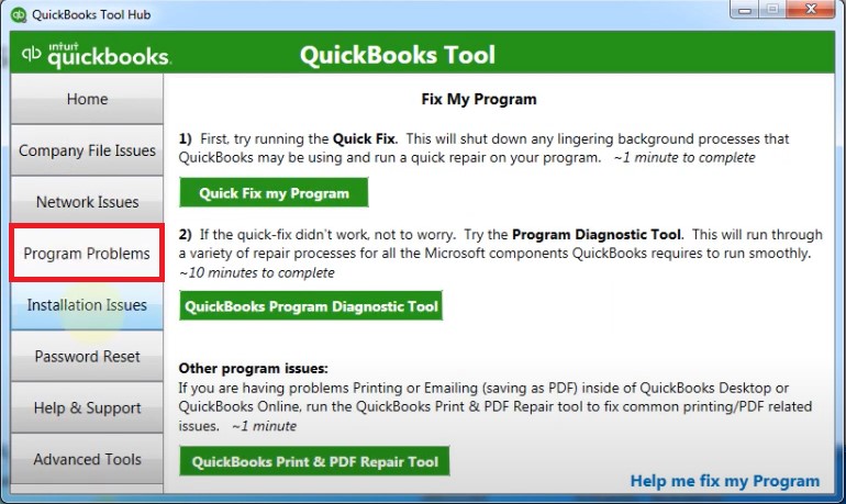 select the program problems option from the tool hub.