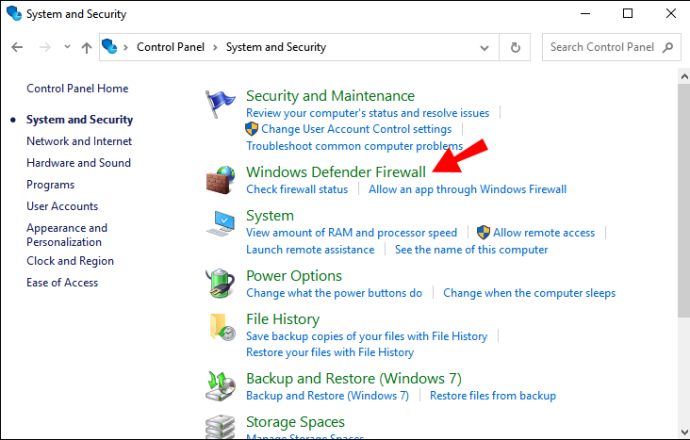 Select Windows Defender Firewall to Configure the Firewall Settings