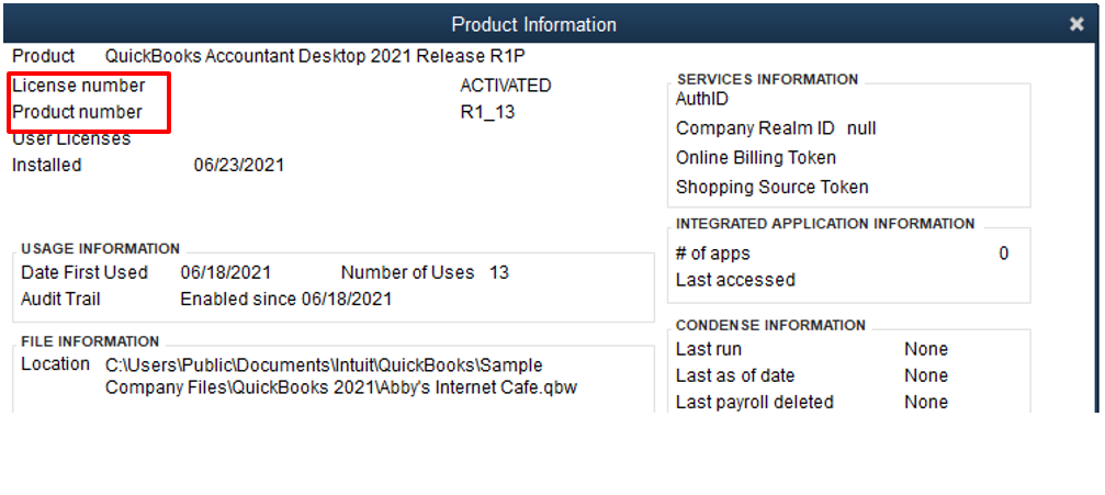 note down the company file location in product information window