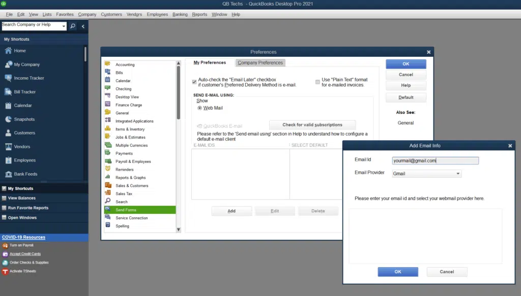 configure email services in quickbooks desktop