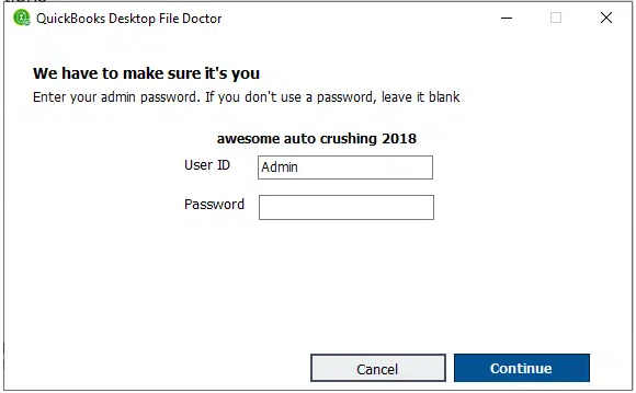 enter QuickBooks username and admin password 
