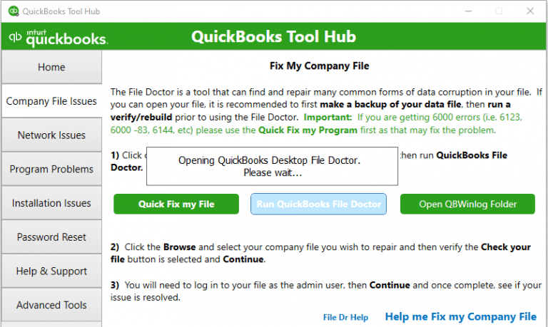  Run QuickBooks File Doctor to fix error 6000 1074