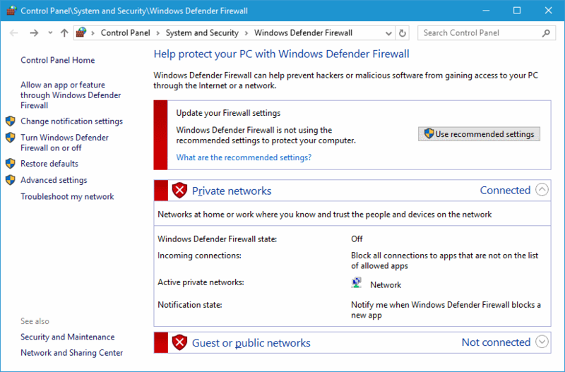exceptions in the firewall.