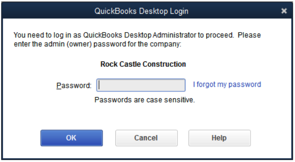 Enter your QuickBooks admin password and then choose Next