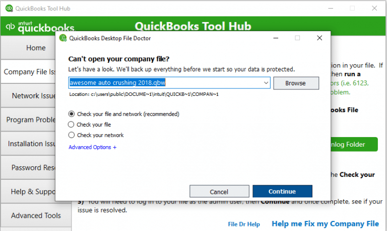 Select your company file from the drop-down option in QuickBooks File Doctor