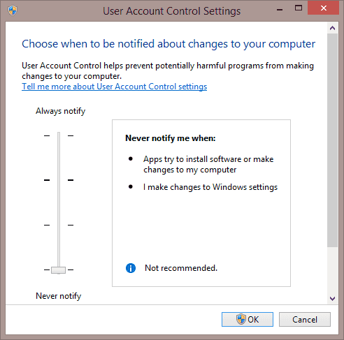 Turn off User Account Control (UAC) in Windows