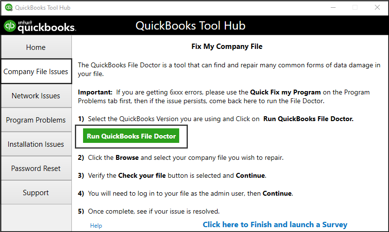 Use QuickBooks File Doctor to fix error -6000, -83