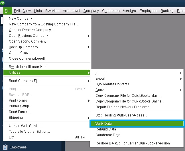Select Utilities and then select Verify data to fix Quickbooks multi currency problem