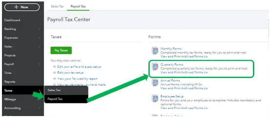 click on quarterly forms to print form 941 from quickbooks online