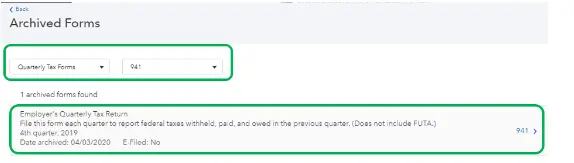 select quarterly tax forms and 941 as a filte