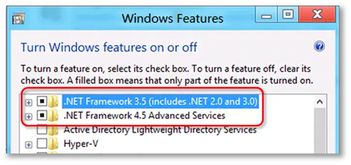 turn Windows features on or off