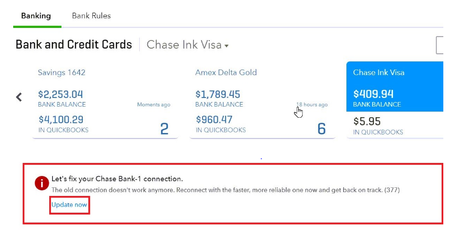 tap on the Update now to fix this bank connection.