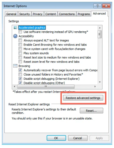 Reinstate the Advanced Settings in Internet Explorer
