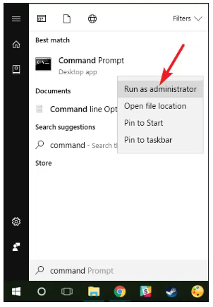 click on the “command” option and then select “run as admin
