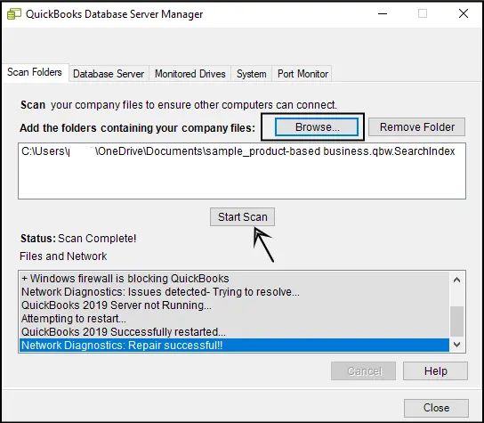 quickbooks database server Manager start scan