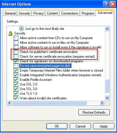 clear the checkbox for Check for server certificate revocation and Check for publishers’ certificate revocation