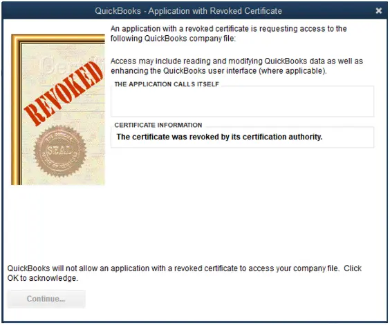 quickbooks application with revoked certificate error