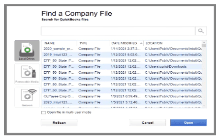 Search for the QuickBooks Company File