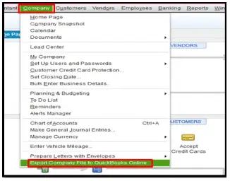 top on the Export Company File to QBO option from the Company menu
